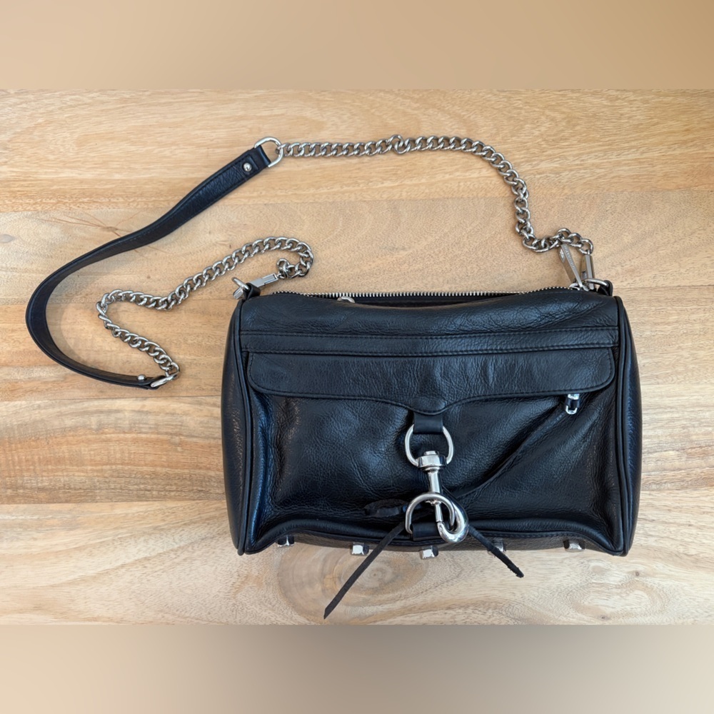 Rebecca Minkoff Womens Mini MAC Crossbody Bag w/ Chainlink Strap Leather Black